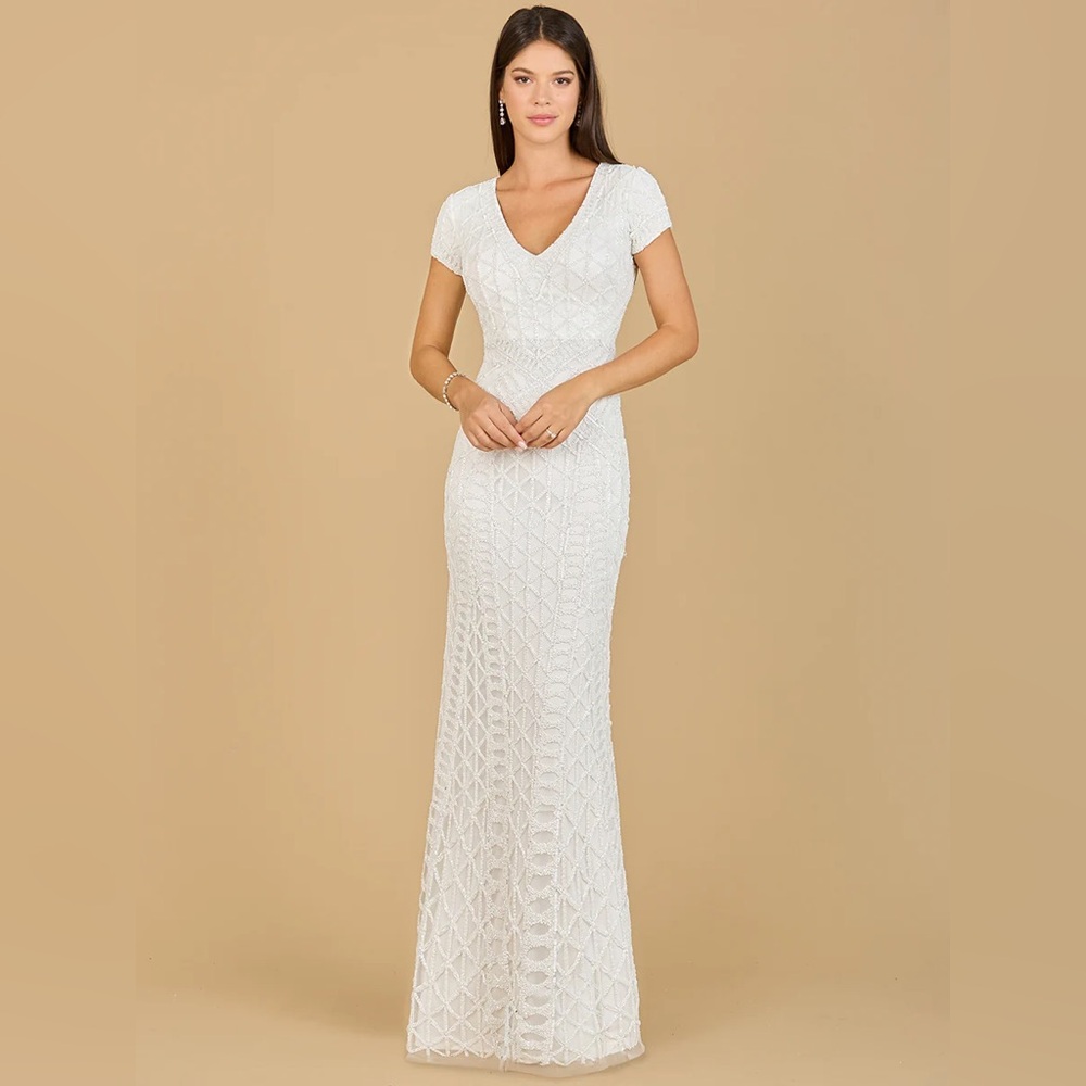 Lara White Ivory Beaded V-Neckline Wedding Gown Dress with Cap Sleeves 12